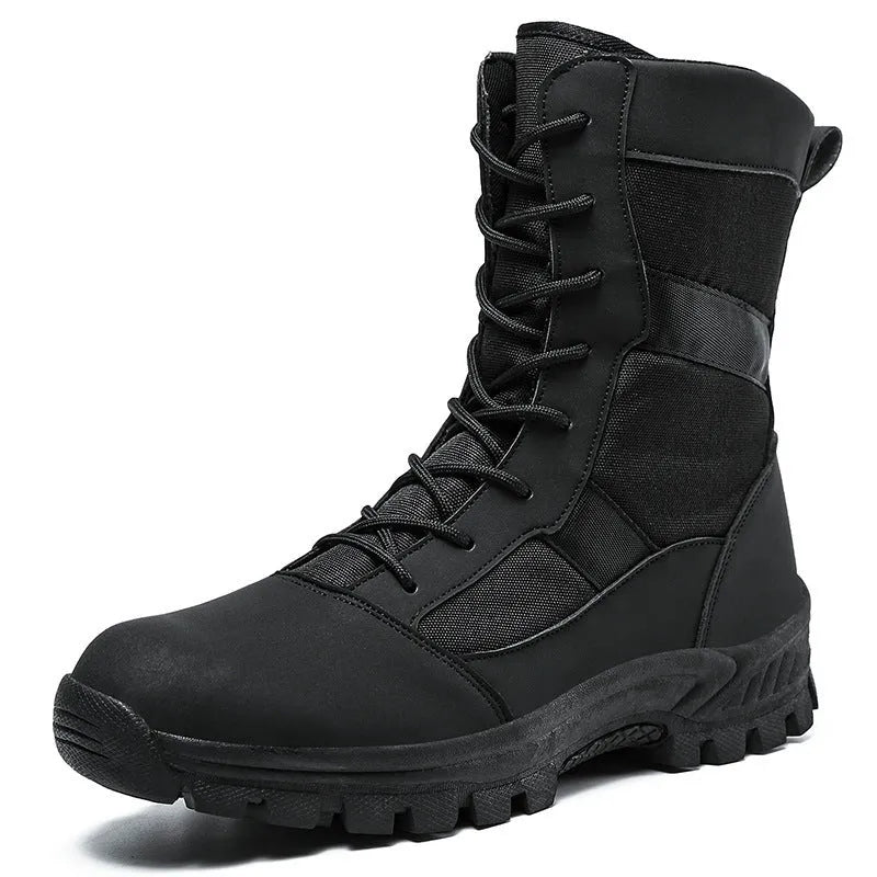 Men's black and camouflage mesh high-top sports boots showing totem detailing and Martin boot design