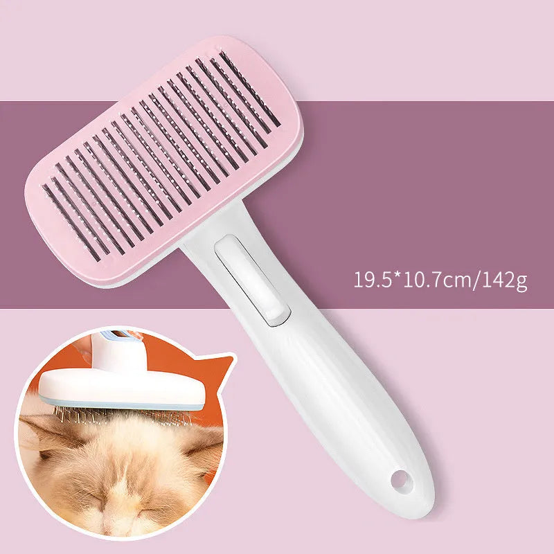 Automatic pet hair removal comb for dogs and cats in blue, grey, green, and pink colour options