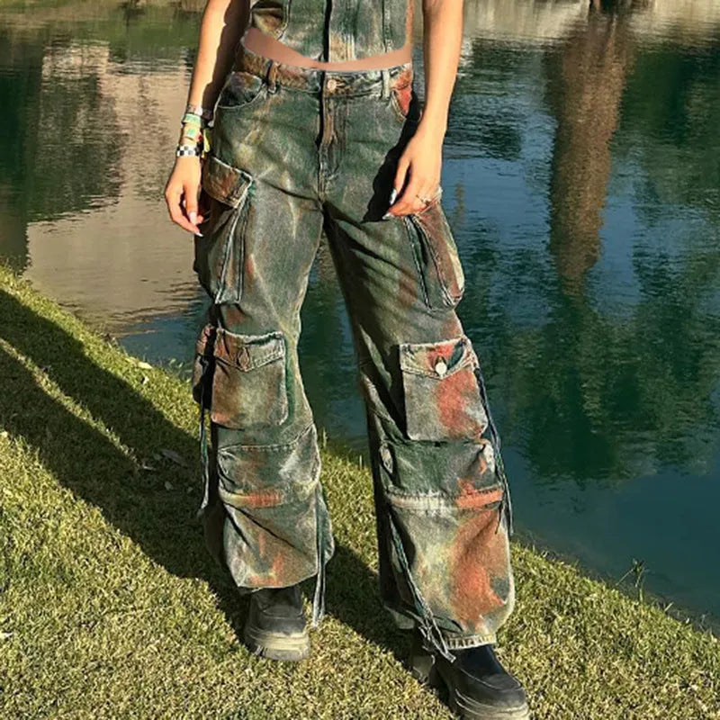 Loose cargo denim trousers with retro colour gradient pockets and multiple storage compartments