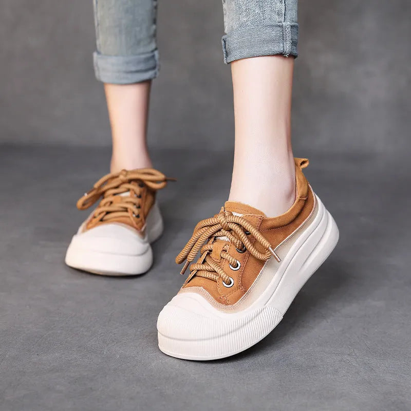 Women's yellow and cameo brown cow leather lace-up casual shoes with round toe and rubber soles