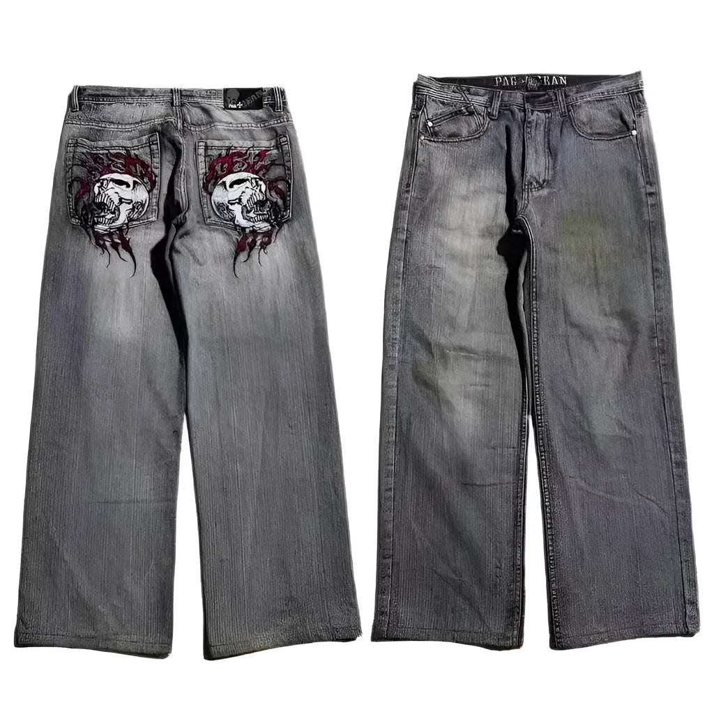 Men's washed grey straight-leg jeans with a wide-leg casual workwear design on a neutral background.