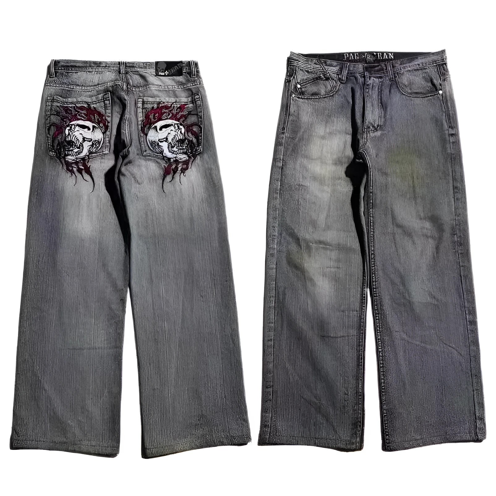 Men's washed grey straight-leg jeans with a wide-leg casual workwear design on a neutral background.