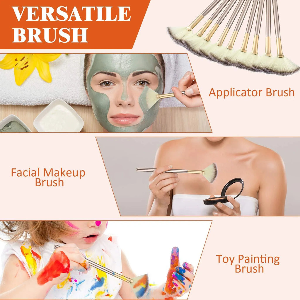 Ten champagne-coloured acrylic handle fan brushes with soft fibre bristles and individual clear protective covers.