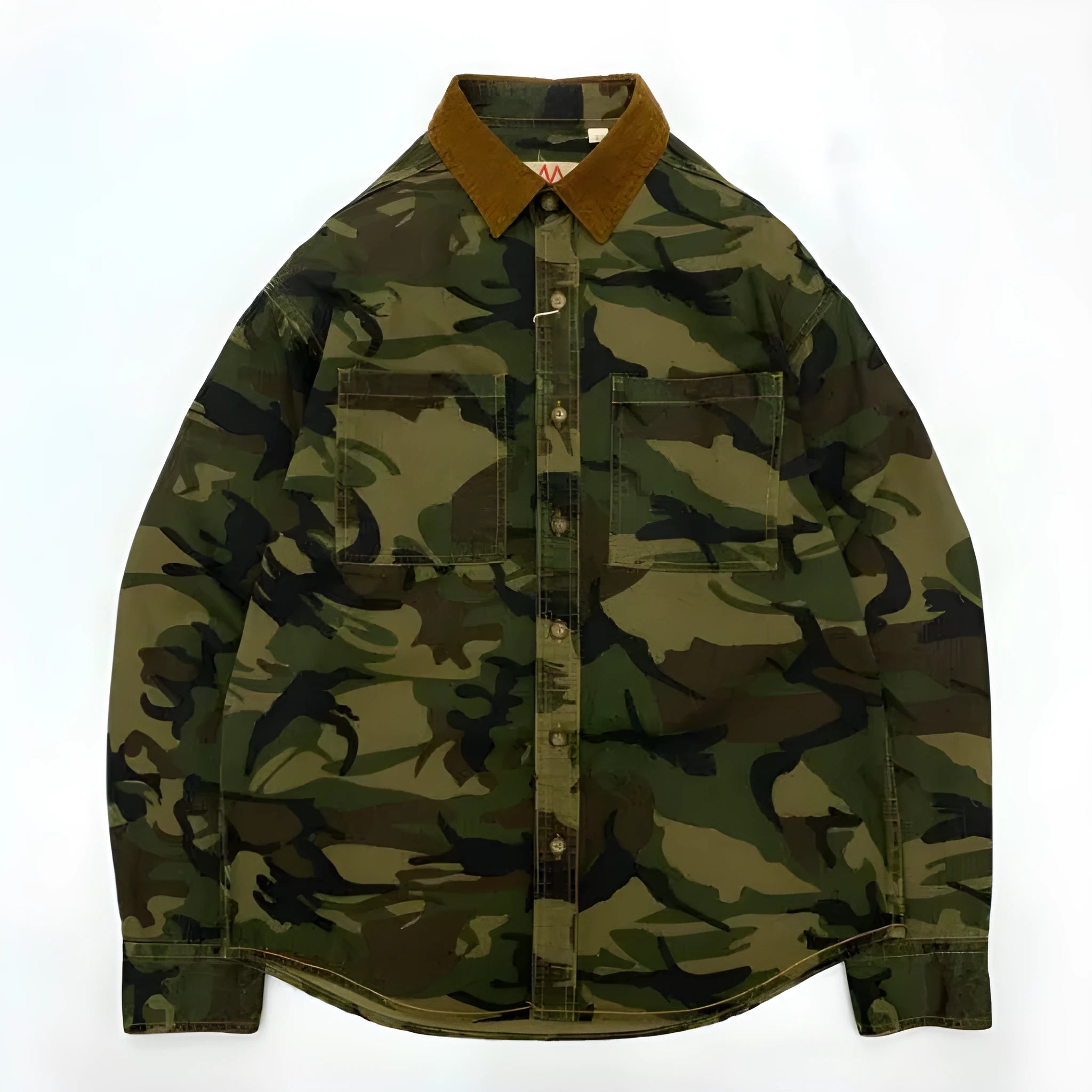 Men's retro camouflage shirt with corduroy lapel stitching and drop-shoulder sleeves in Army Green