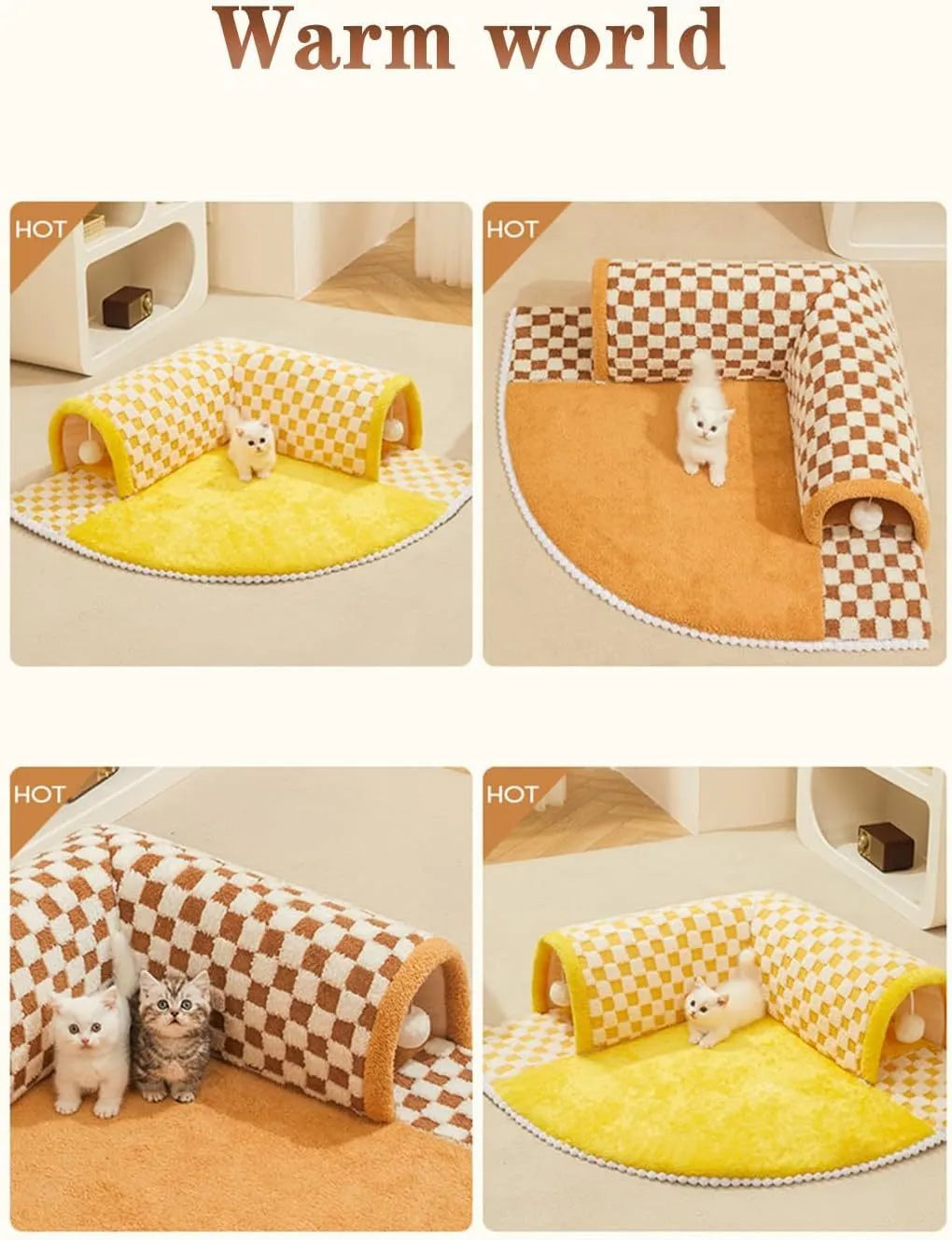 Brown plaid collapsible cat tunnel bed with a central mat on a wooden floor.