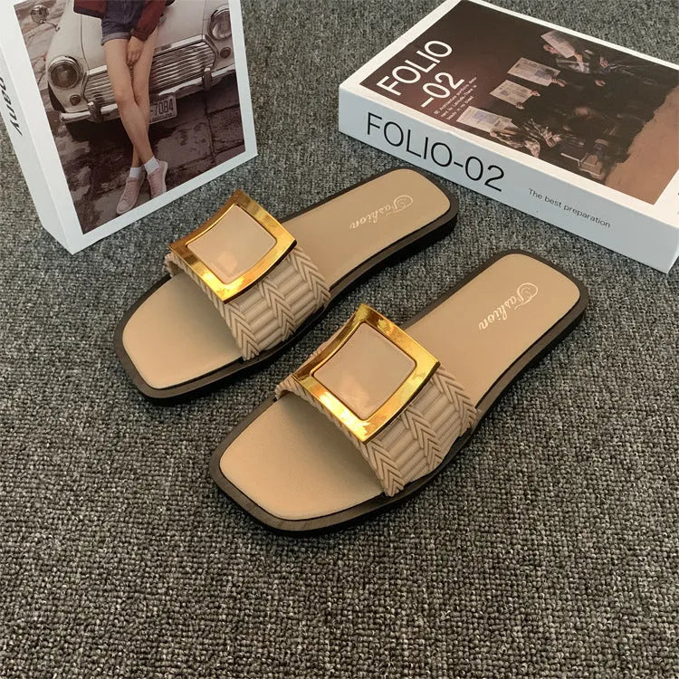 Women's apricot summer flat slippers with a non-slip PVC sole, shown on a light background.