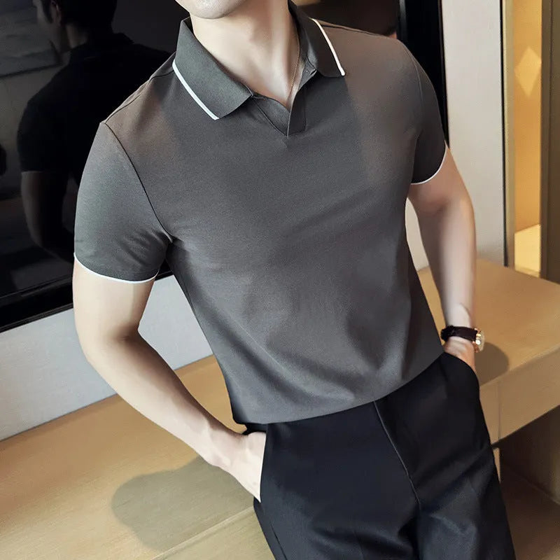 Men's short sleeve polo shirt in mercerized cotton blend fabric with lapel collar, shown in multiple colour options