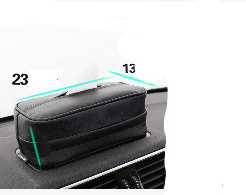 Black PU leather hanging storage box for paper bags, shown suspended, with dimensions 23x13x9cm.