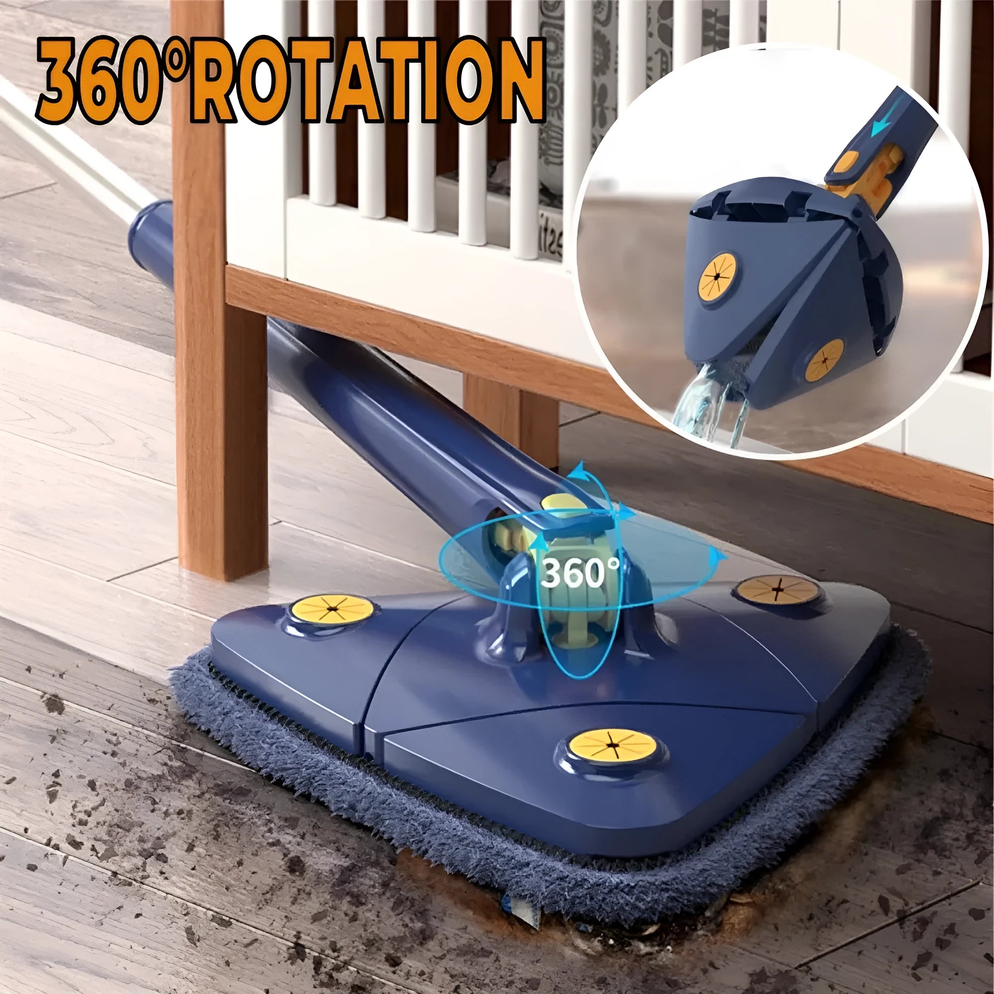 Extendable triangle cleaning mop with rotating head and stainless steel pole in blue colour