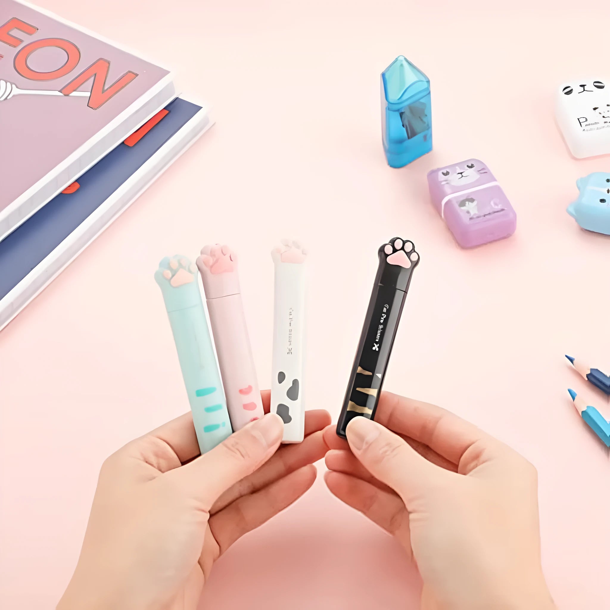 Cat paw mini folding scissors in pink, white, black, and blue colour options