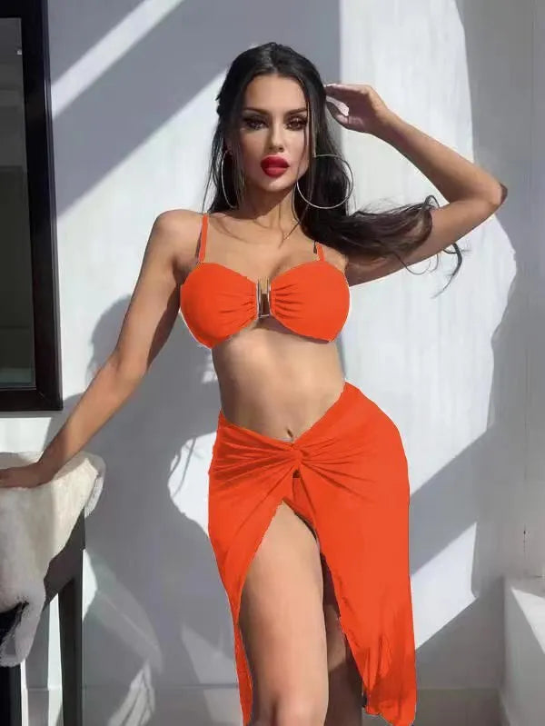 Women's multicolour bikini three-piece set with culotte skirt in French style