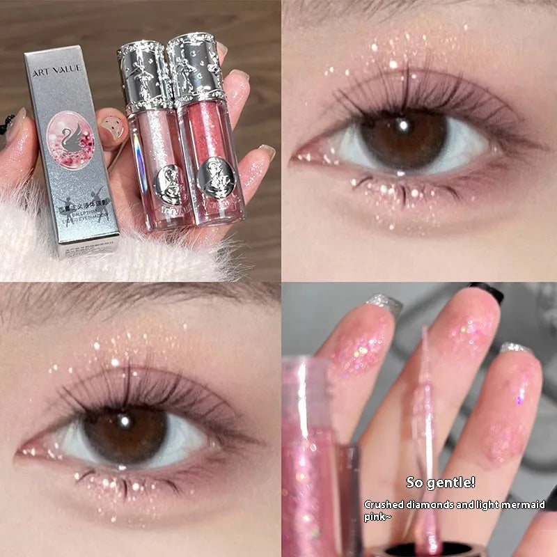 Ballet liquid eye shadow showing five colour options including pink glitter, brown shimmer, purple metallic, nude matte and silver glitter finishes