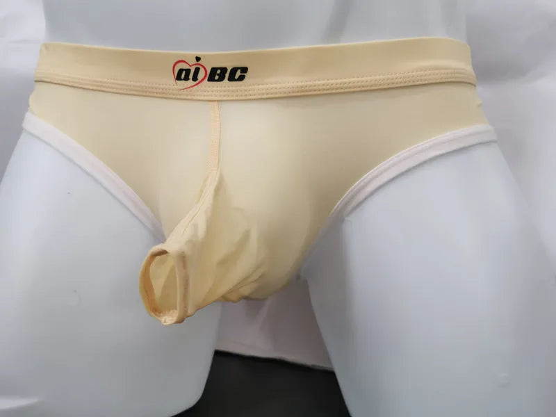 Men's ice silk bazooka briefs in multiple colours showing quick-drying fabric and bullet separation design