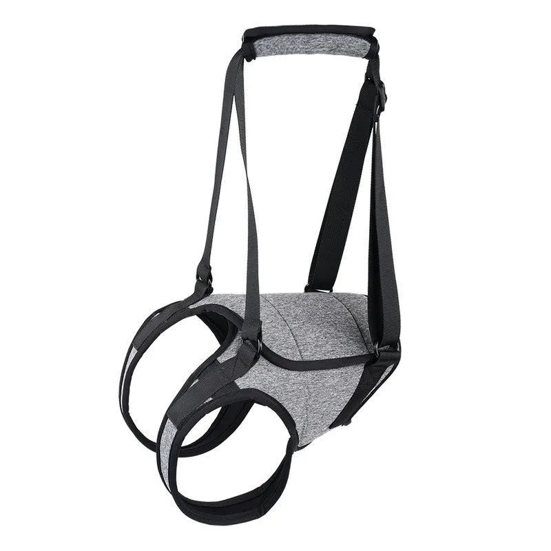 Grey neoprene dog recovery belt for injured rear leg support with adjustable sizing