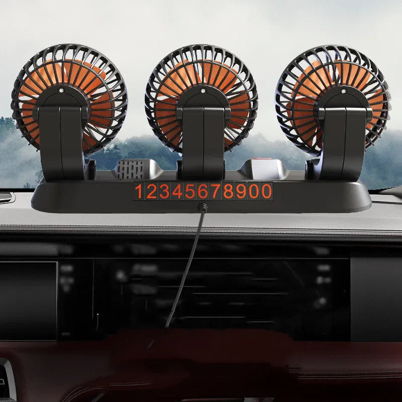 12V three head automotive electric cooling fan with adjustable heads and long power cable.