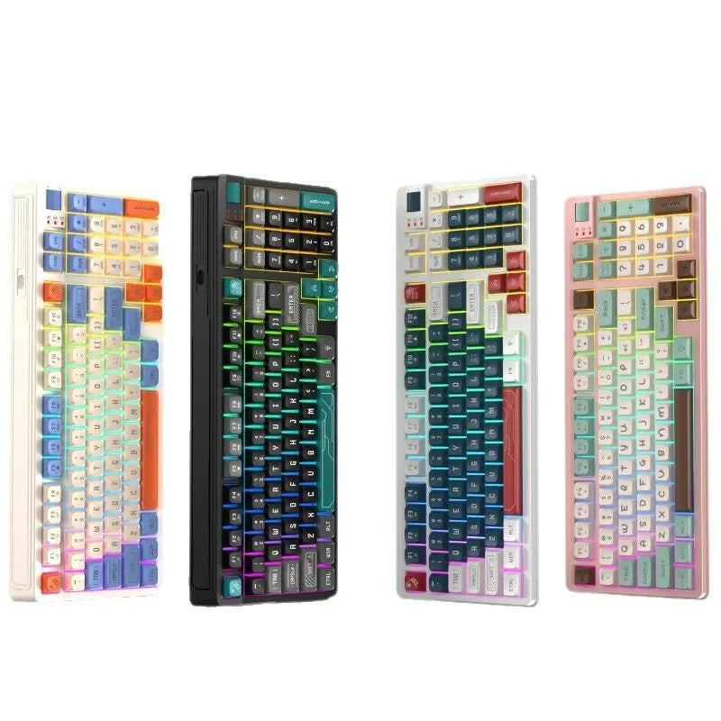 Luminous plastic computer keyboard in one of four colour combinations on a desktop.