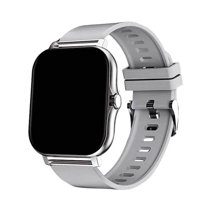 Smart watch with touch screen showing Bluetooth calling and health tracking features on silicone strap
