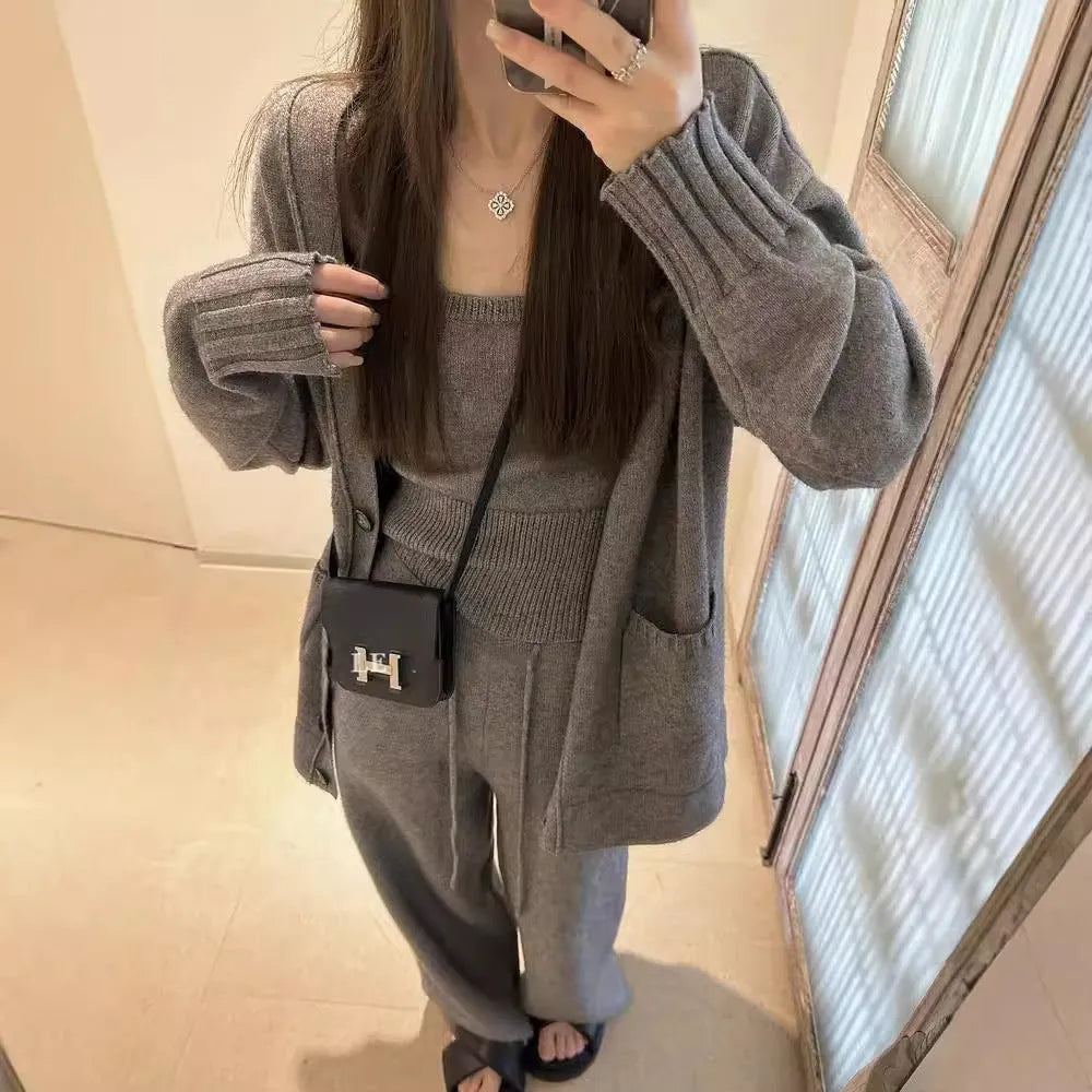 Women's knit cardigan vest suspender pants three-piece set in Japanese Korean casual style