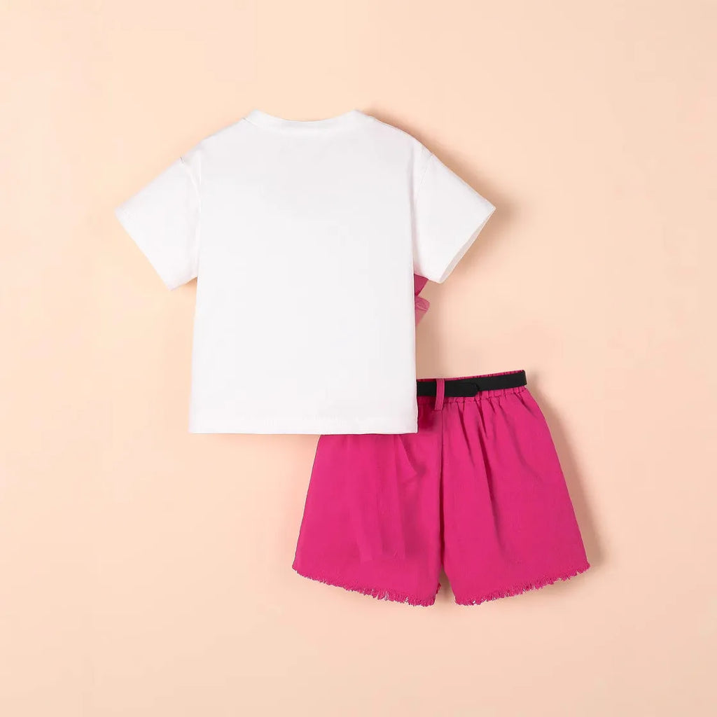 Girls rose red cotton short-sleeved T-shirt with denim shorts and belt set for heights 4Y-7Y