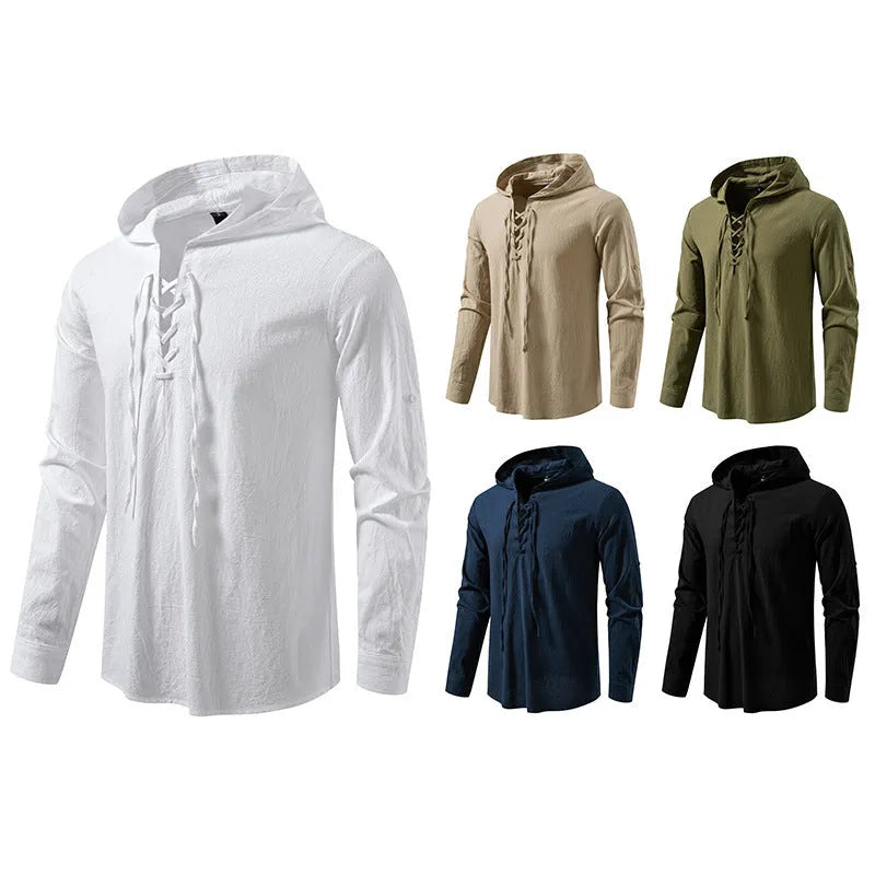 Men's cotton-linen long sleeve shirt with medieval pirate drawstring in khaki colour, slim fit, front view