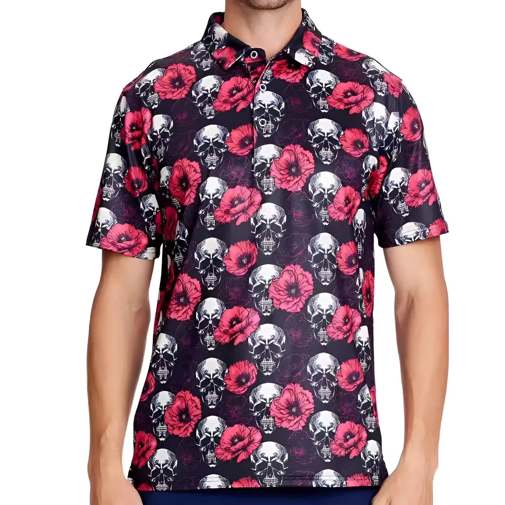 Men's grey short sleeve shirt with 3D printed graphic design and a front zip detail.