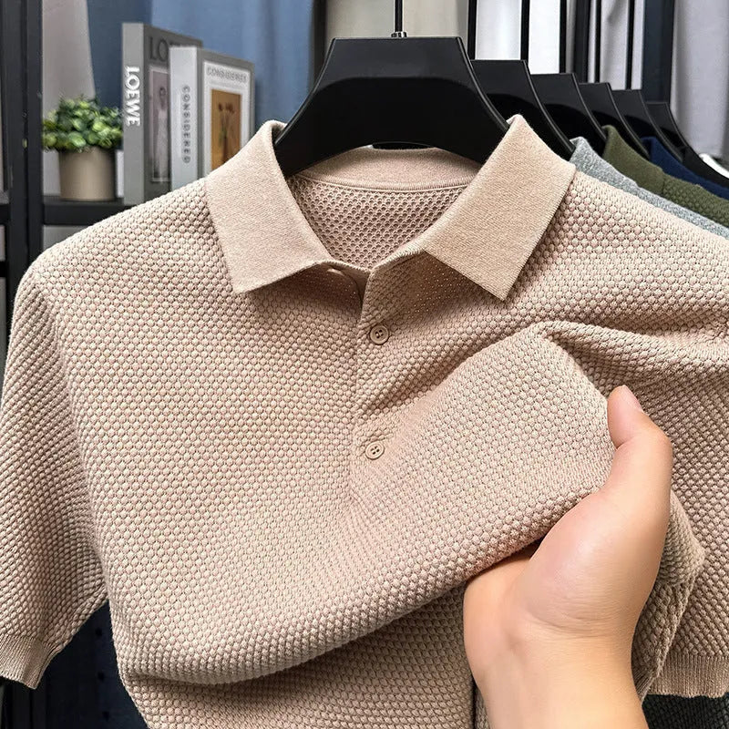 Men's loose fit cotton short sleeve sweater in six colour options showing pullover style