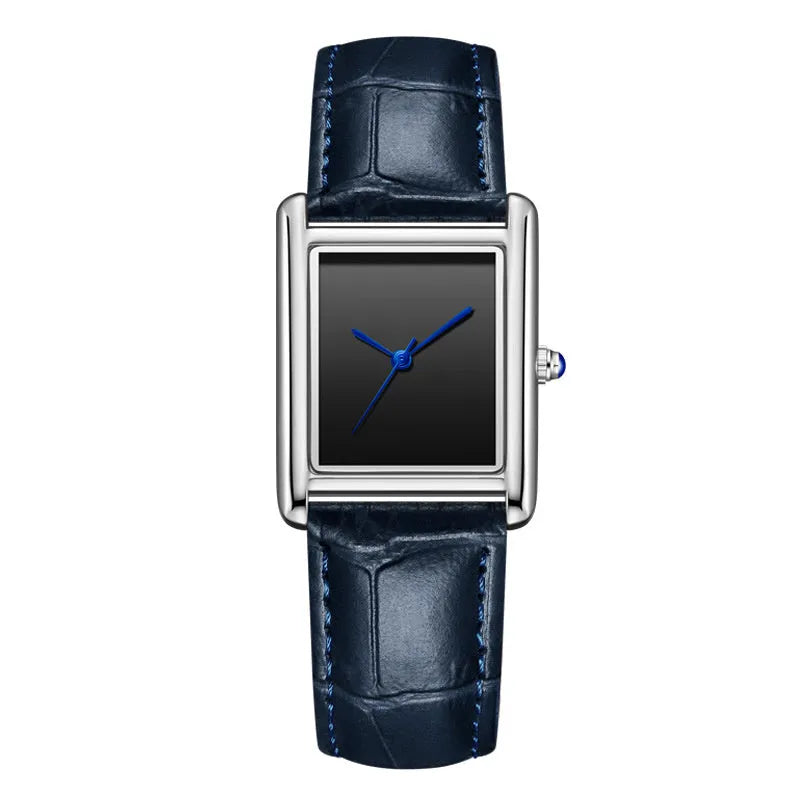 Couple leather watch with square dial, 7mm thickness, waterproof, in gold and black colour option on a white background
