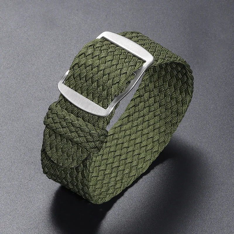 Woven nylon watchband in beige, 20mm width, with canvas-style finish on white background