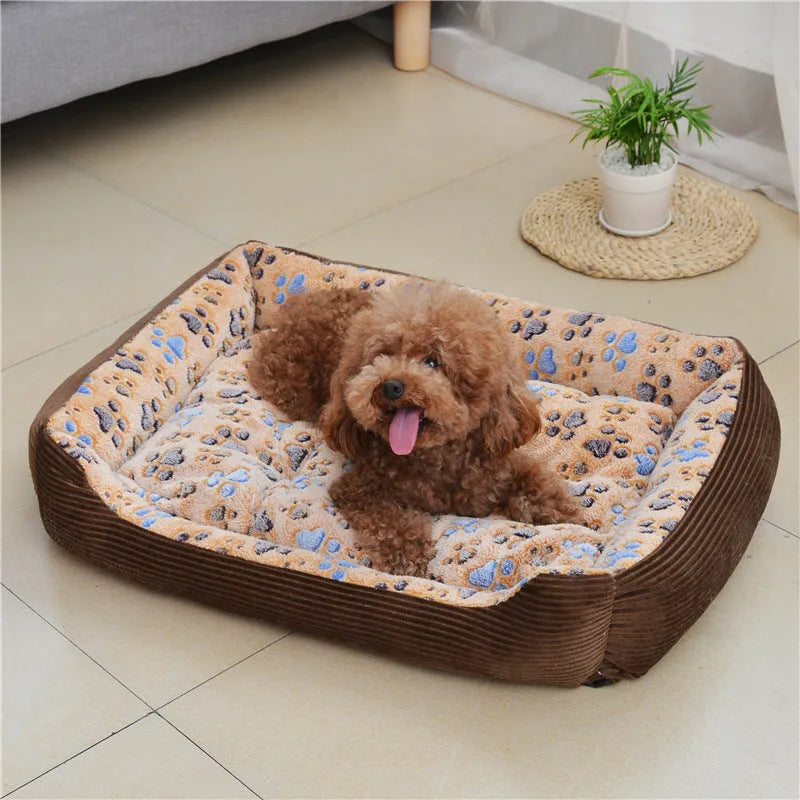 Beige soft plush sofa-style pet dog bed with raised sides for a small dog.