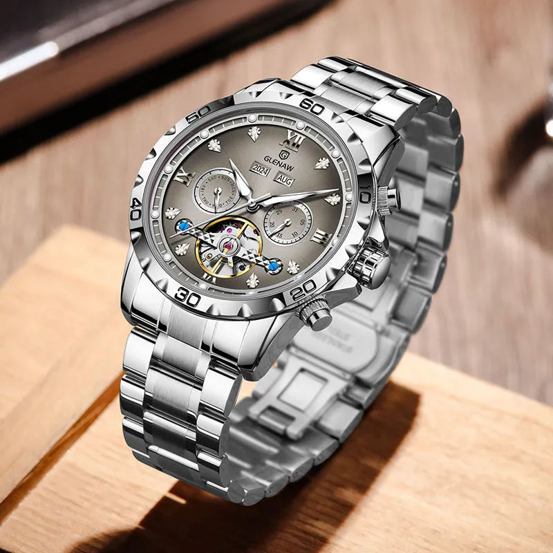 Men's automatic mechanical watch with stainless steel band and mineral glass crystal in silver case blue surface