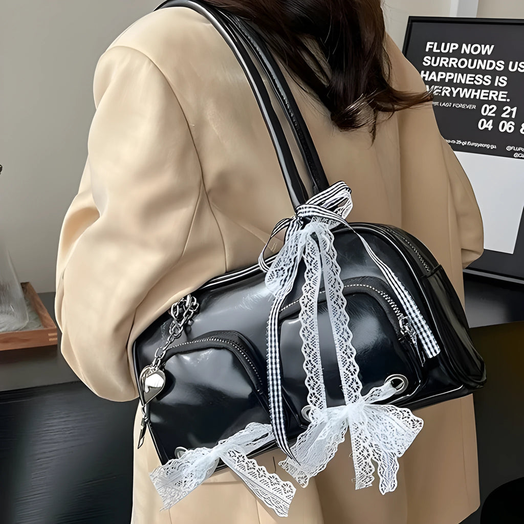 Beige soft PU casual shoulder bag with double straps and horizontal square shape showing mobile phone compartment
