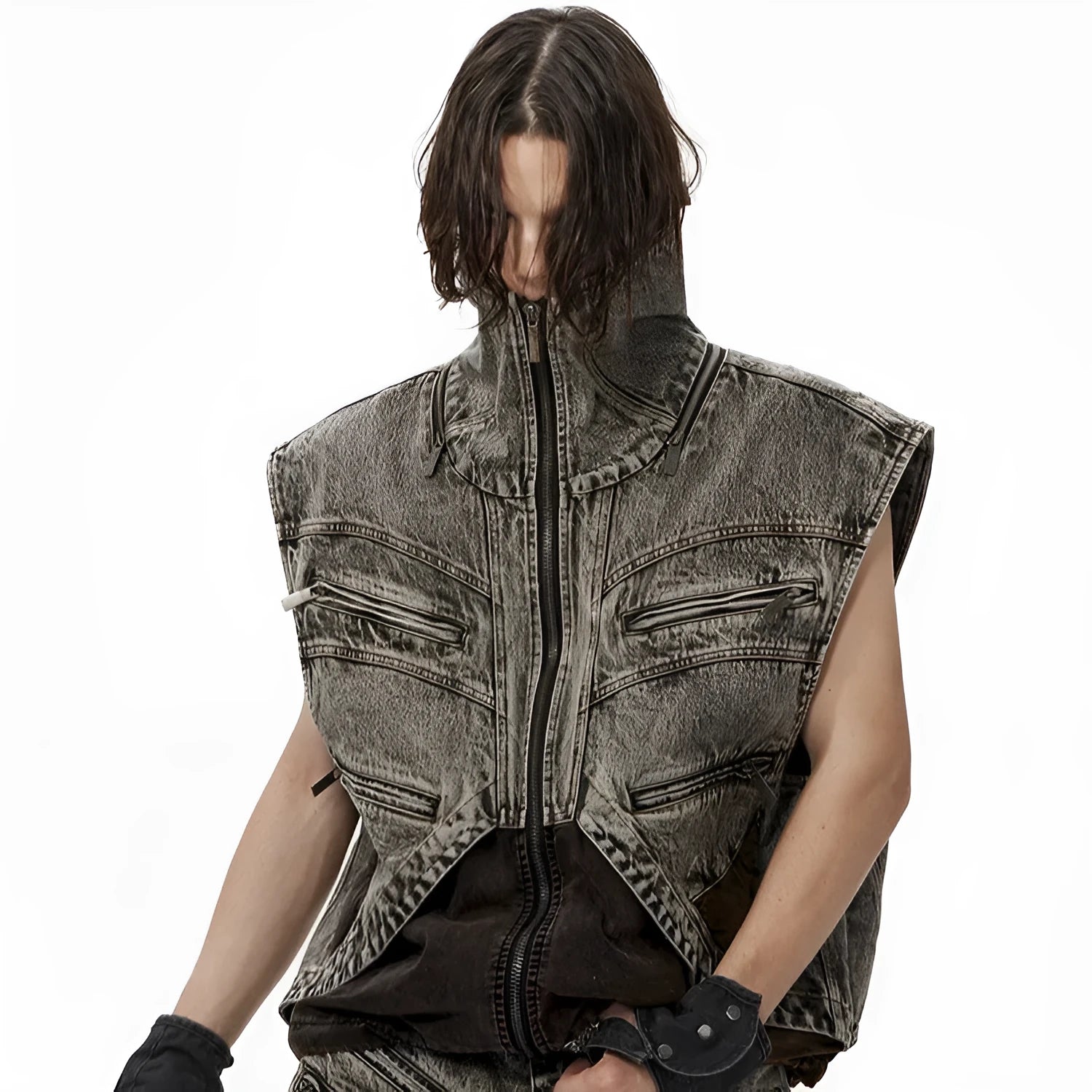 Men's sleeveless denim vest jacket with front zipper closure in casual summer style