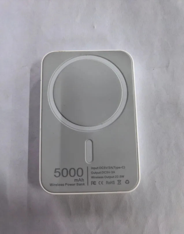 White magnetic wireless charger power bank with 5000mAh capacity showing dimensions
