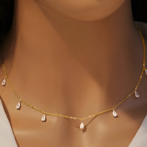 925 silver drop-shaped artificial zircon pendant necklace with an O-shaped chain on a model, showing the adjustable length.