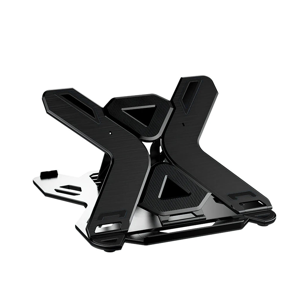 Black laptop bracket with integrated strap phone holder on a desk