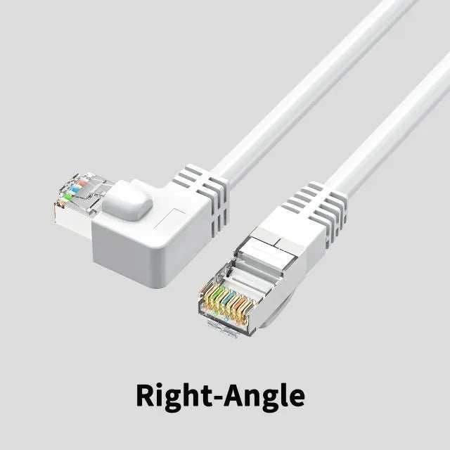 Cat6 Ethernet cable with angled RJ45 connectors in various colours and lengths on a grey background
