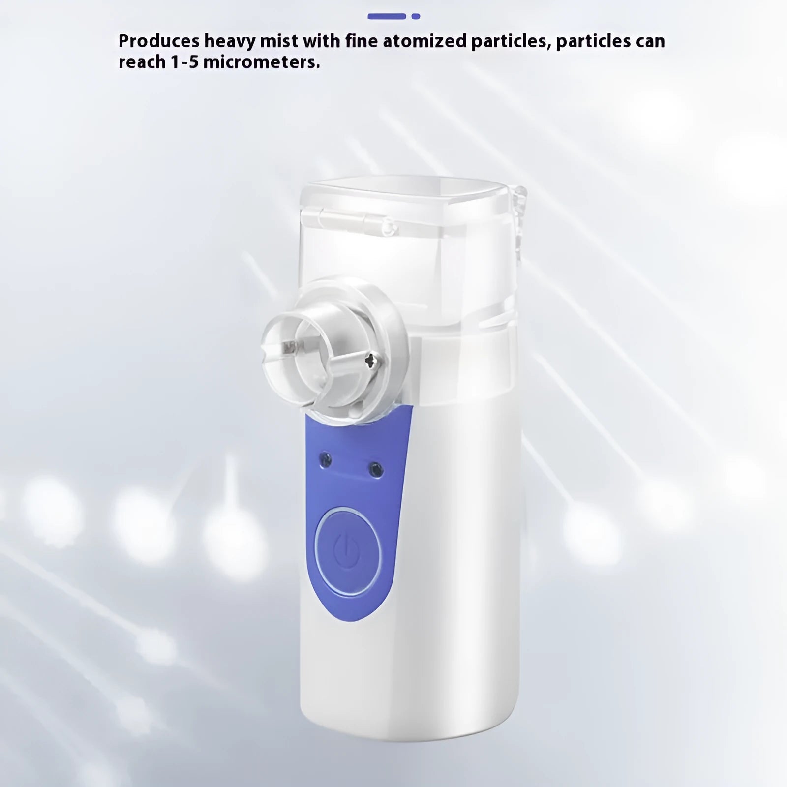 Handheld columnar plastic nebuliser with USB cable for humidification and drug atomisation.