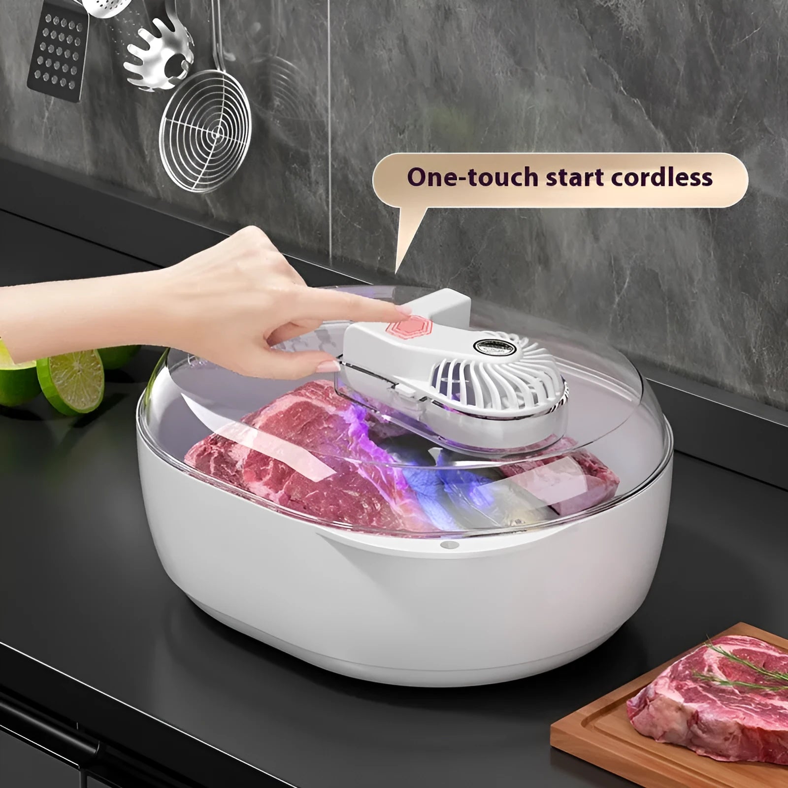 Aluminium household food defrosting plate with USB cable in modern style.