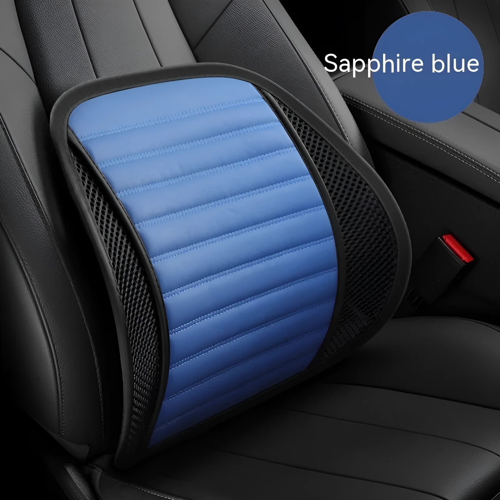 Leather lumbar support cushion on a car seat, shown in sapphire blue colour.
