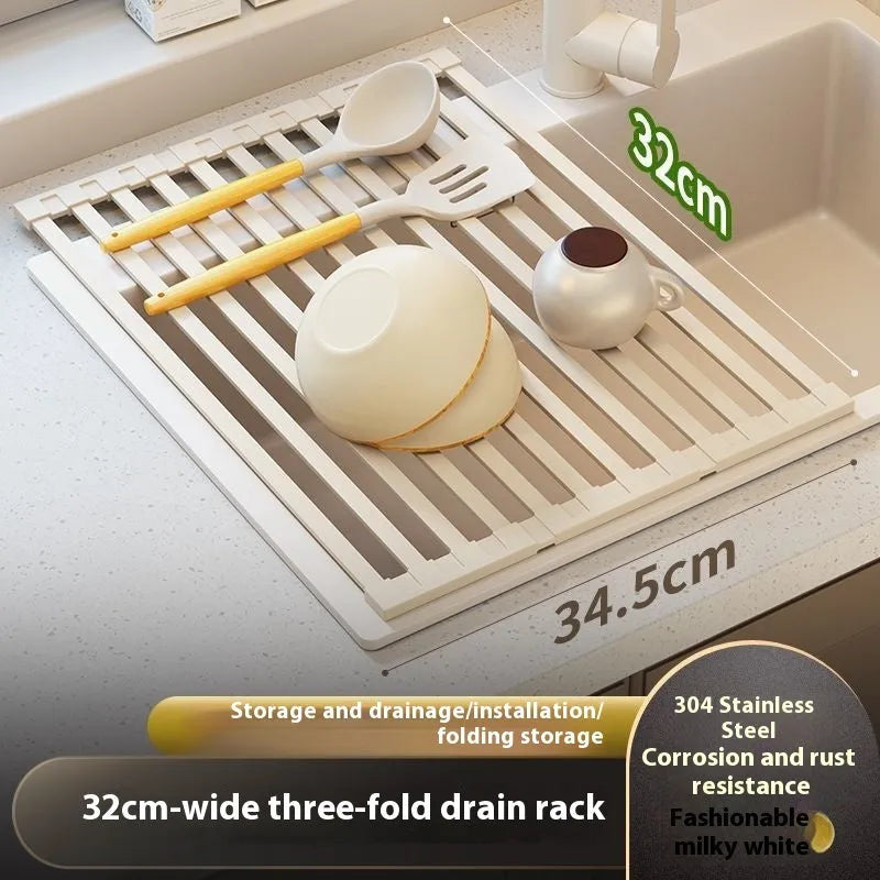 304 stainless steel kitchen draining rack with milky white finish and tri-fold design