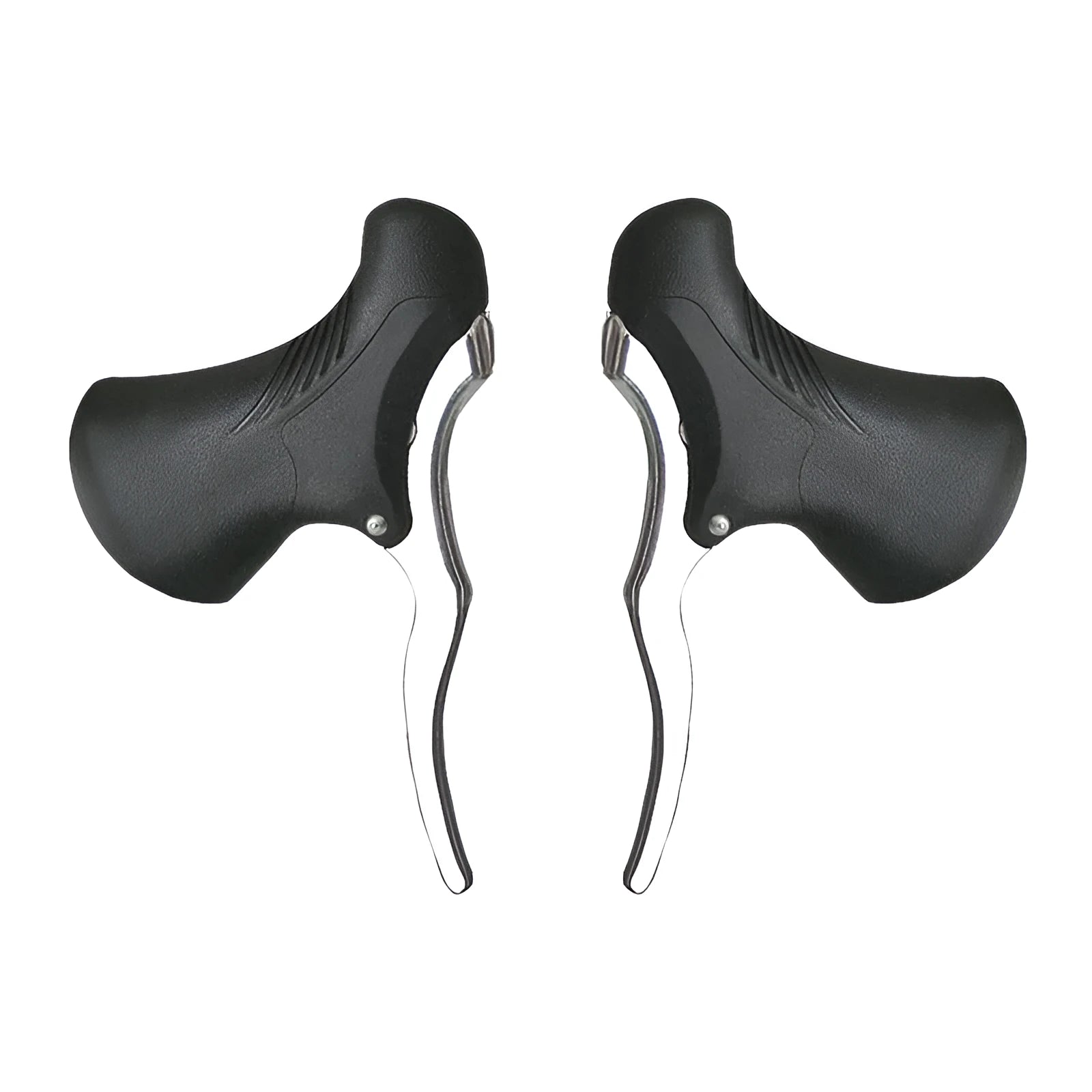 A pair of aluminium alloy road bicycle brake handles in black, showing the lever shape and clamp for handlebars