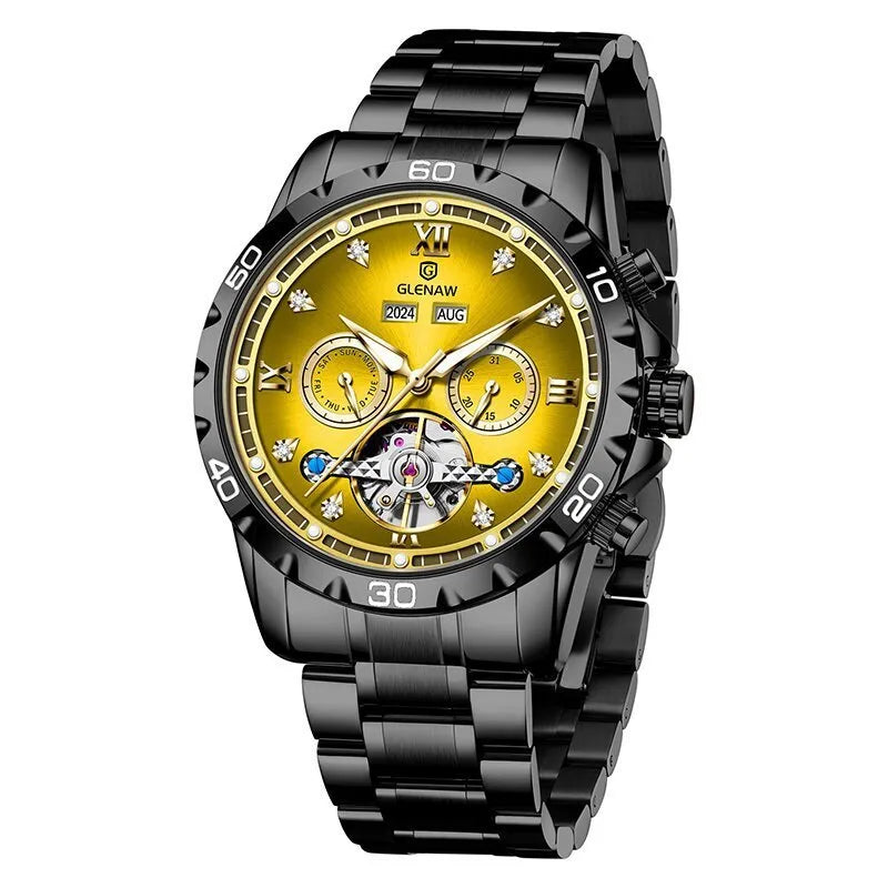 Men's automatic mechanical watch with stainless steel band and mineral glass crystal in silver case blue surface