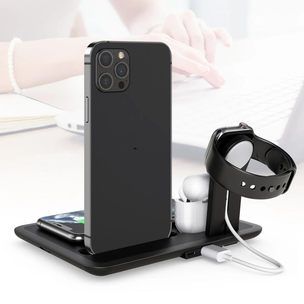 Black desktop wireless charging dock holding a phone, with ports for watch and headphone cables.