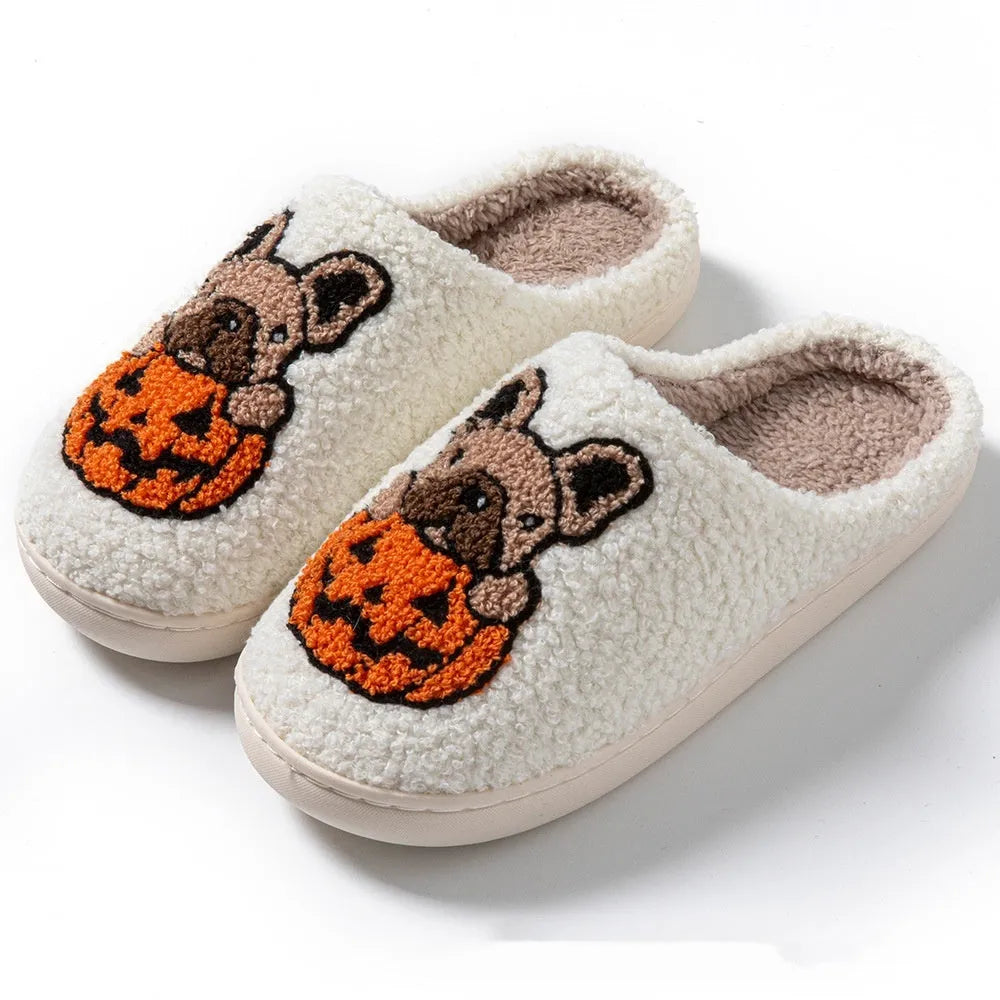Halloween pumpkin pattern slippers with plush velvet cotton upper and TPR rubber soles