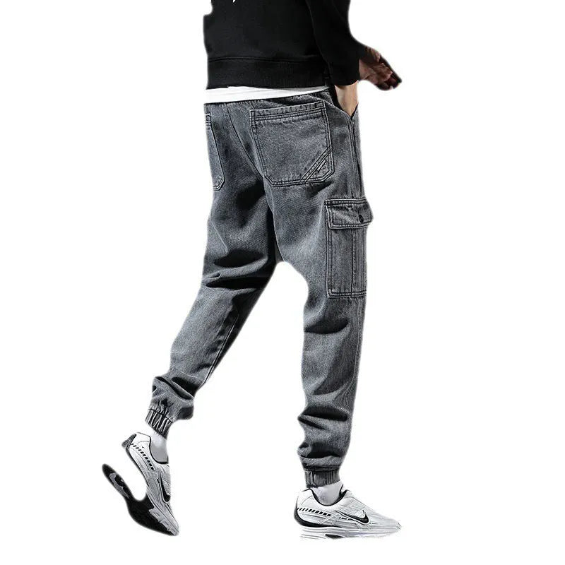 Japanese style workwear multi-pocket jeans in blue for men, mid-waist cotton trousers