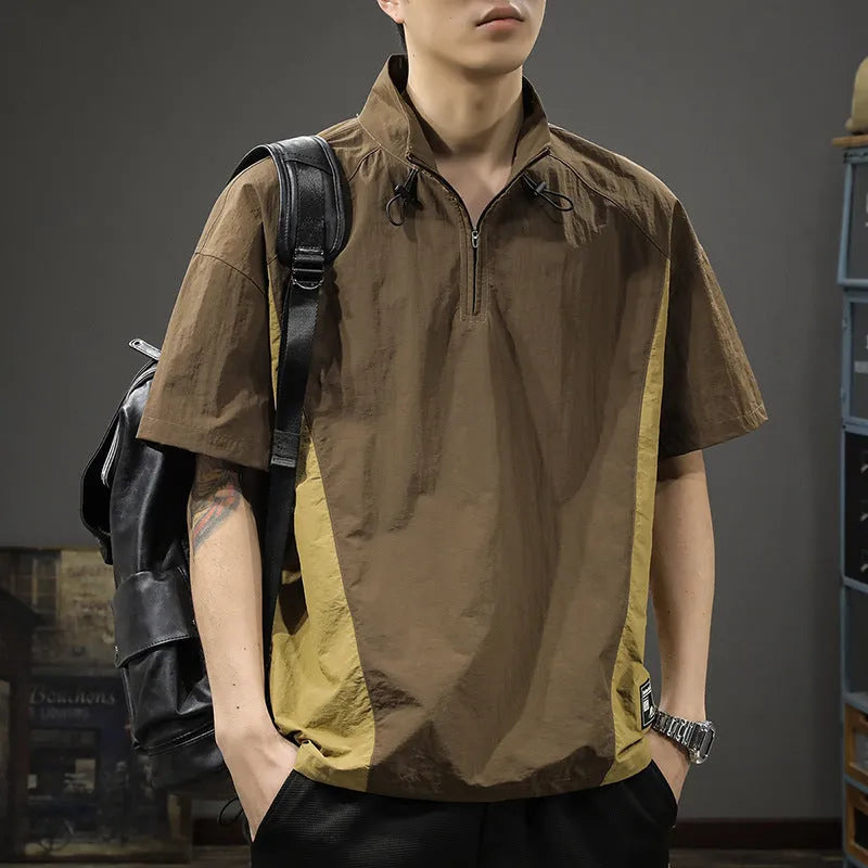 Men's brown half-zipped stand collar business casual shirt with short sleeves and ice silk fabric