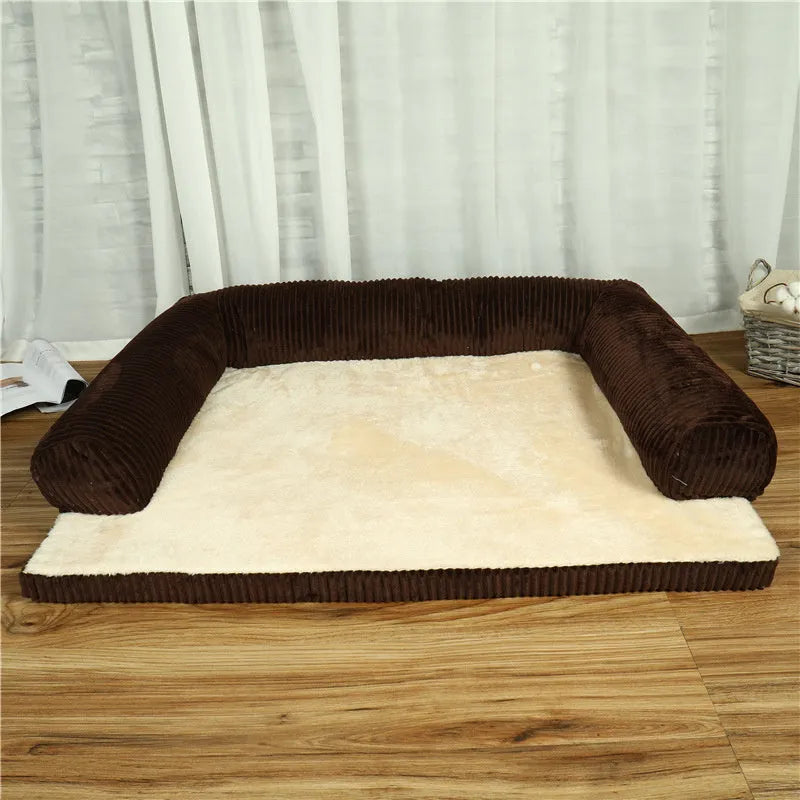 Corduroy bolster dog bed with non-slip base in grey, showing S M L XL size comparison.
