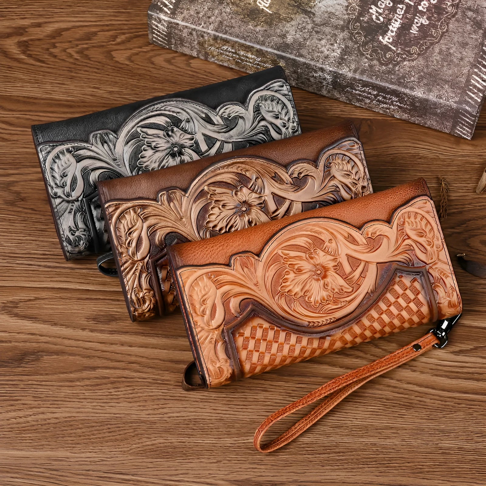 Women's retro brown tri-fold leather wallet with an embossed Chinese floral pattern, shown open.