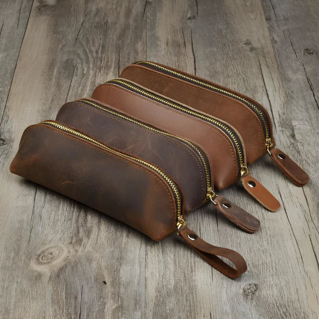 Handmade cowhide leather pencil case with zipper in square 18cm design