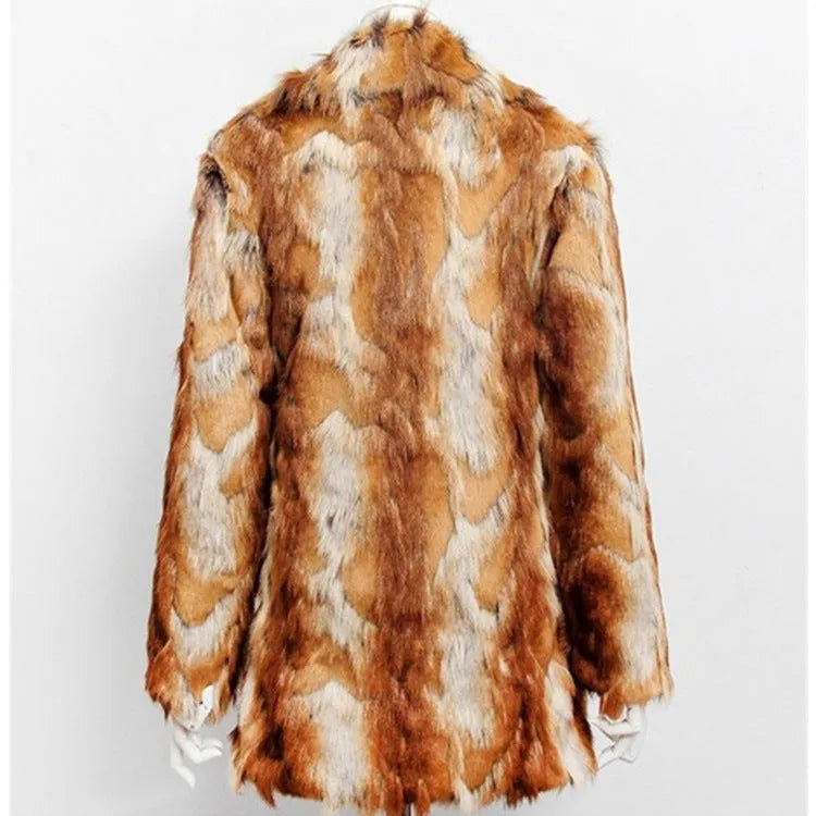 Women's slim-fit tiger print faux fur jacket on a hanger, showing long sleeves and medium length.